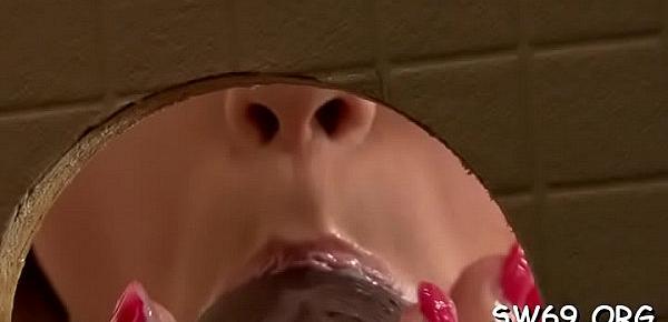  Gorgeous wench gets her tits overspread in slime at gloryhole